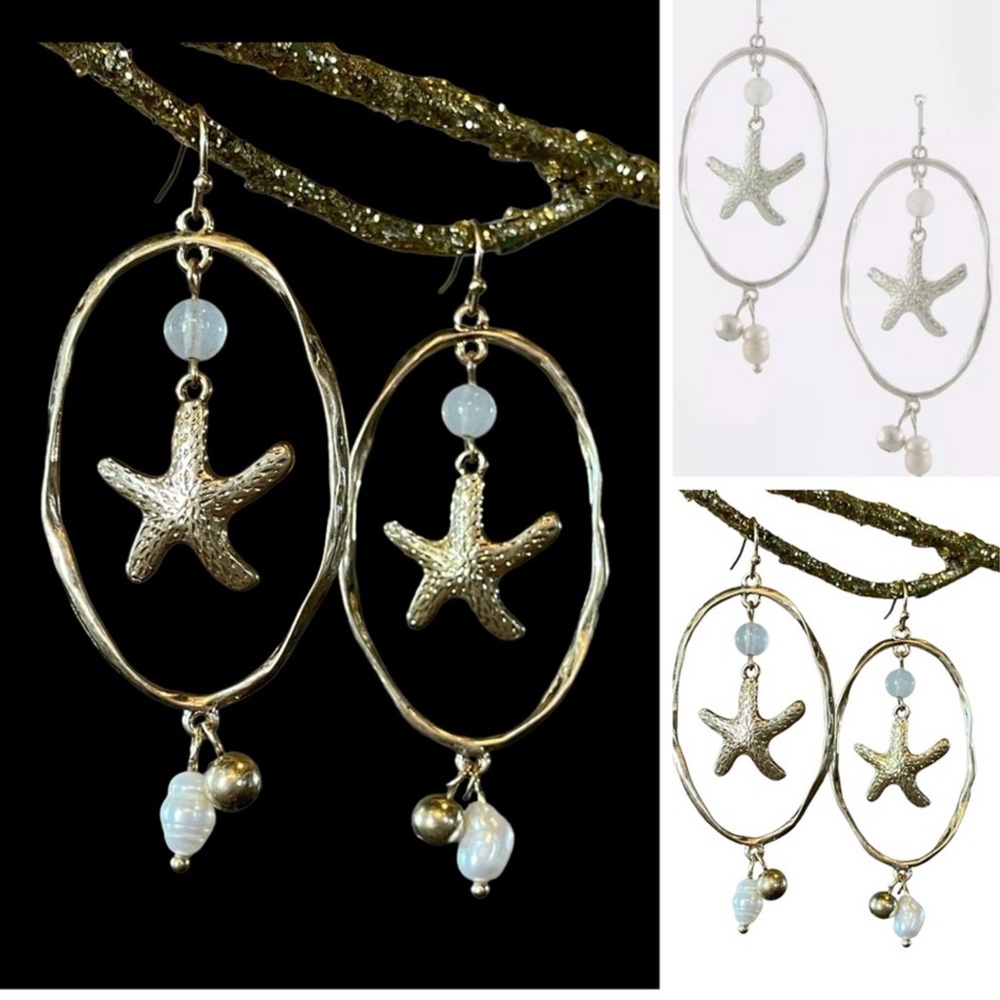 Oval Pearl Starfish Earrings - Picture 4 of 15